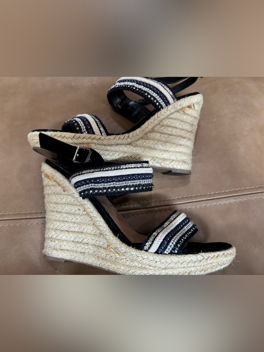 Andiamo Black Beaded Wedge Sandals with Ankle Strap - Picture 4 of 8